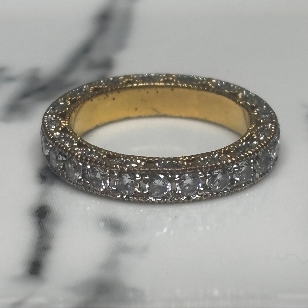 Gold Tone Rhinestone Clear CZ Filigree Eternity Wedding Anniversary Band Size 8